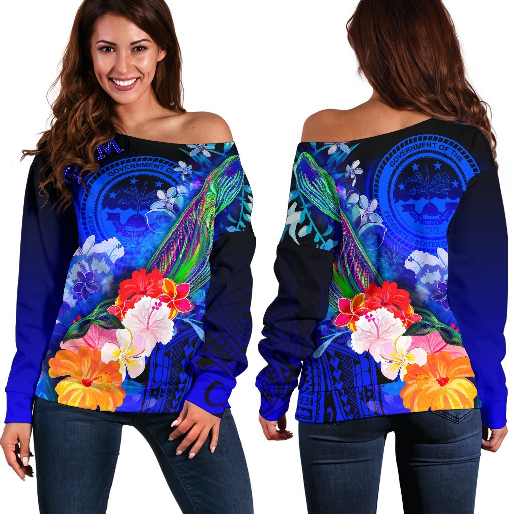 Federated States of Micronesia Women's Off Shoulder Sweater - Humpback Whale with Tropical Flowers (Blue) Blue - Polynesian Pride