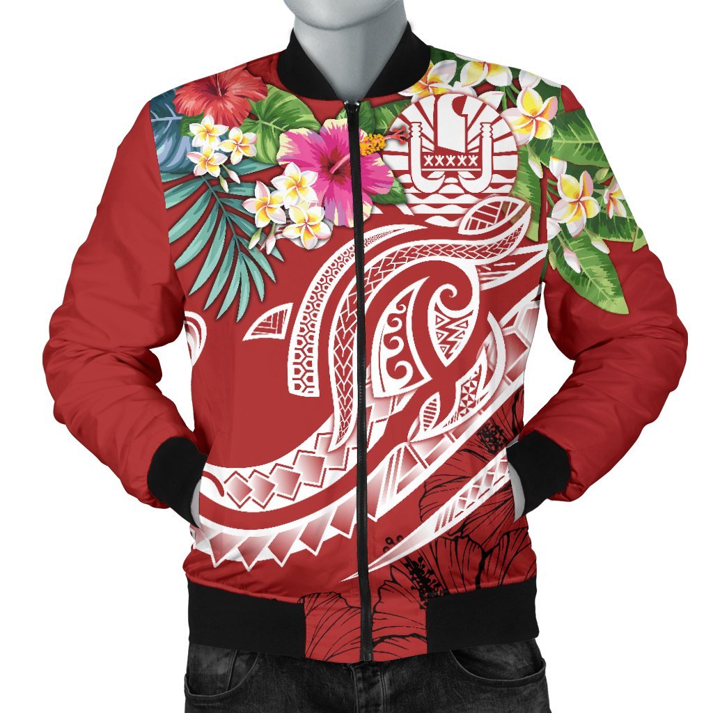 Tahiti Polynesian Men's Bomber Jacket - Summer Plumeria (Red) Red - Polynesian Pride
