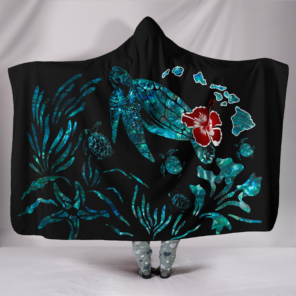 Hawaii Ohana Honu Paua Shell Hooded Blanket Hooded Blanket Black - Polynesian Pride