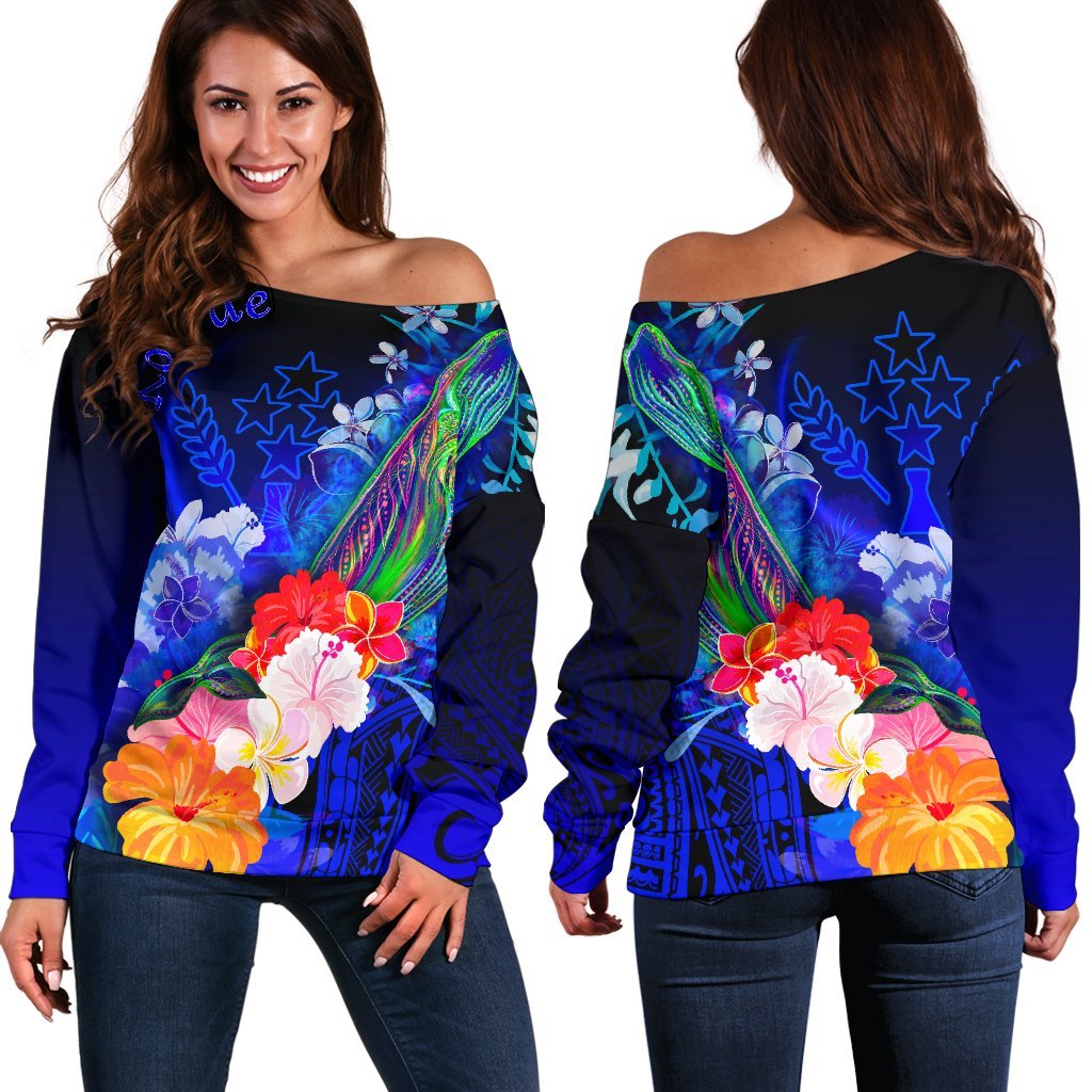 Kosrae Women's Off Shoulder Sweater - Humpback Whale with Tropical Flowers (Blue) Blue - Polynesian Pride