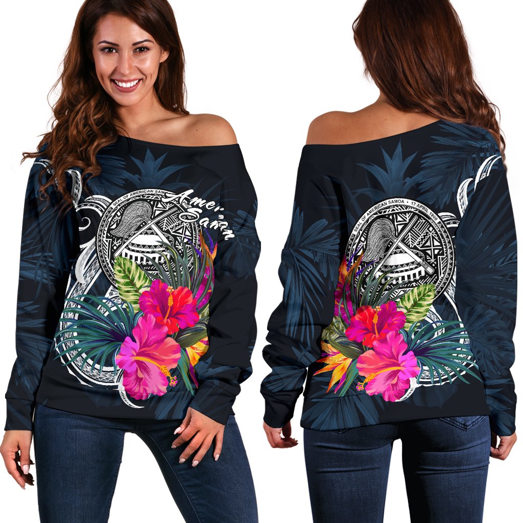 American Samoa Polynesian Women's Off Shoulder Sweater - Tropical Flower Blue - Polynesian Pride