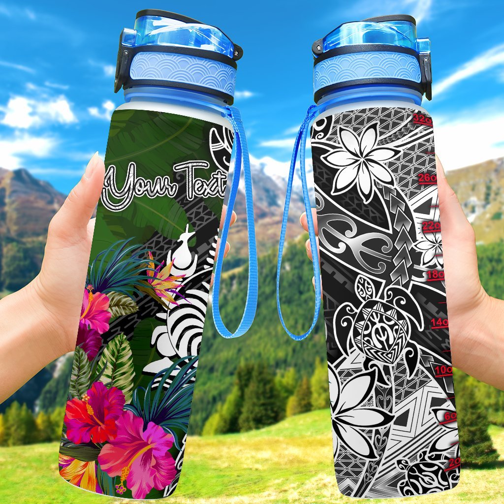 New Caledonia Custom Personalised Hydro Tracking Bottle - Turtle Plumeria Banana Leaf Crest Hydro Tracking Bottle 32oz Large Black - Polynesian Pride