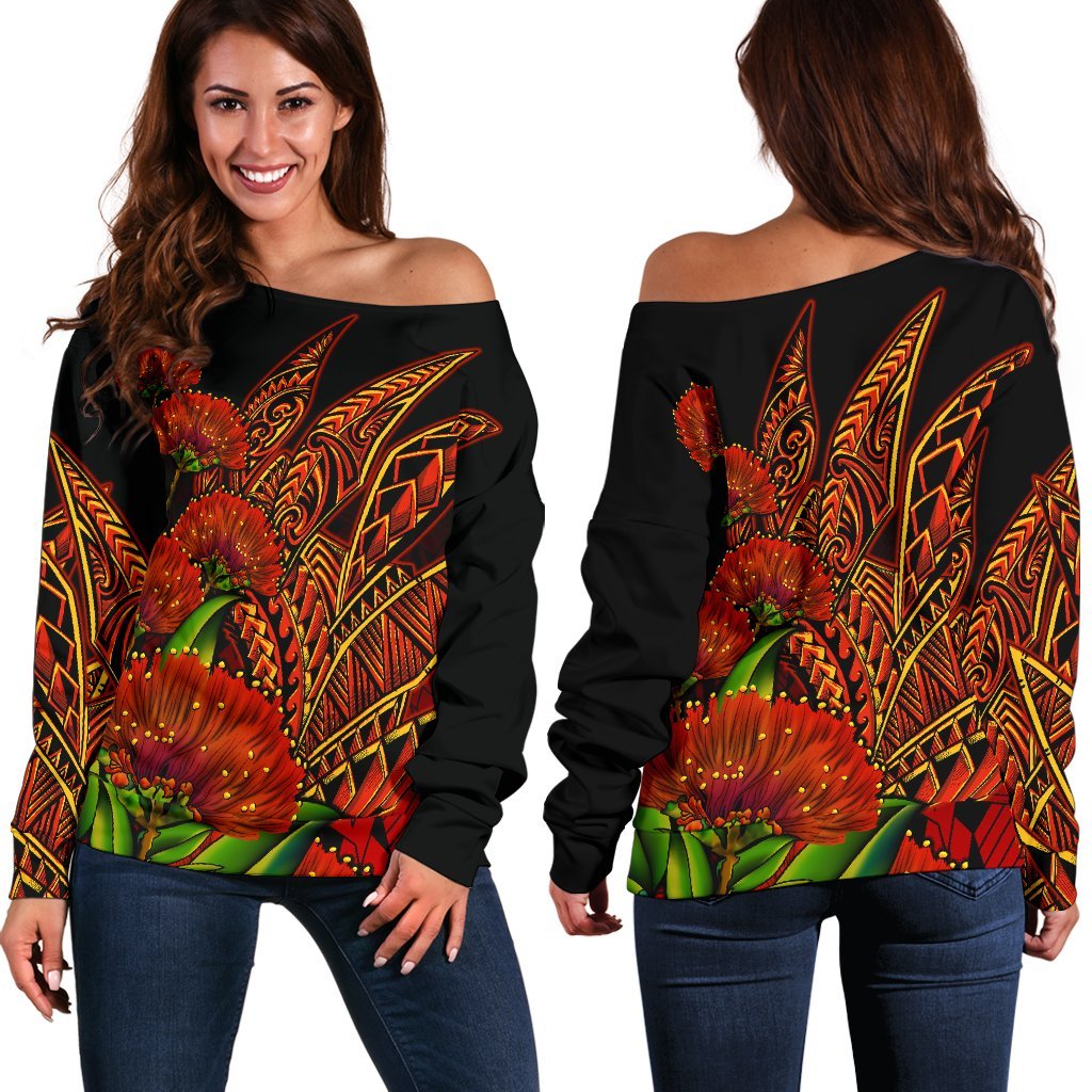 Polynesian Hawaii Women's Off Shoulder Sweater - Ohia Lehua Red - Polynesian Pride