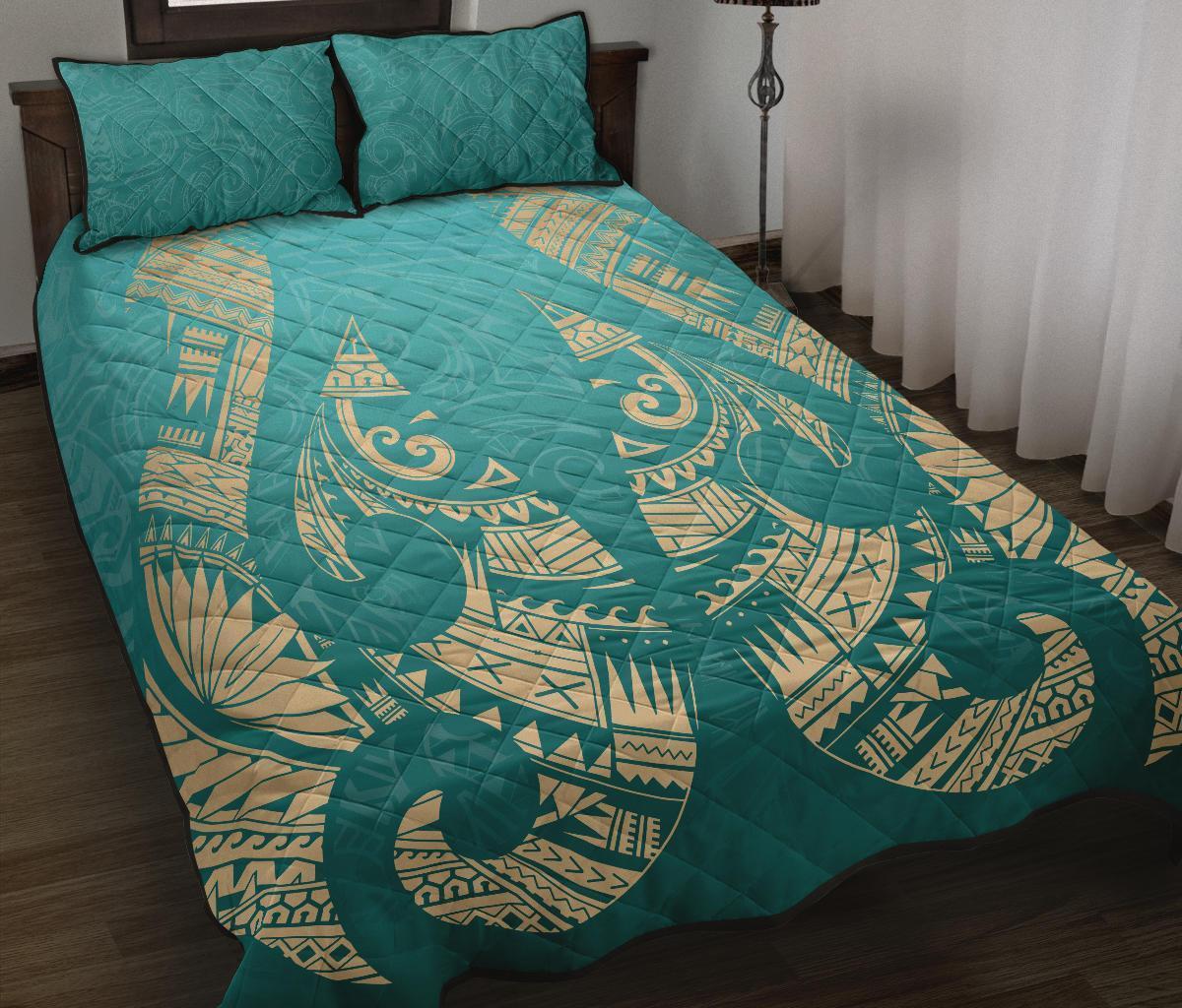 New Zealand Maori Hei Matau Tattoo Quilt Bed Set Turquoise - Polynesian Pride