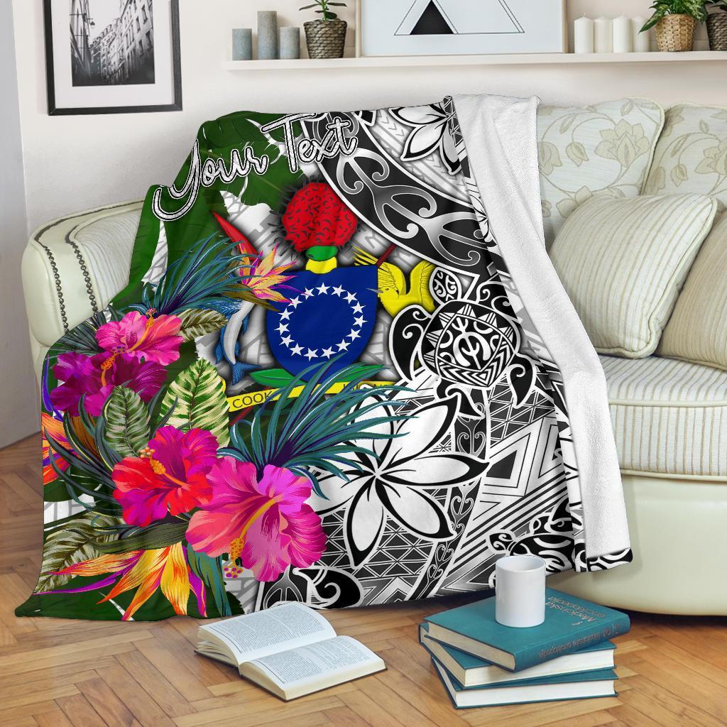 Cook Islands Custom Personalised Premium Blanket White - Turtle Plumeria Banana Leaf - Polynesian Pride