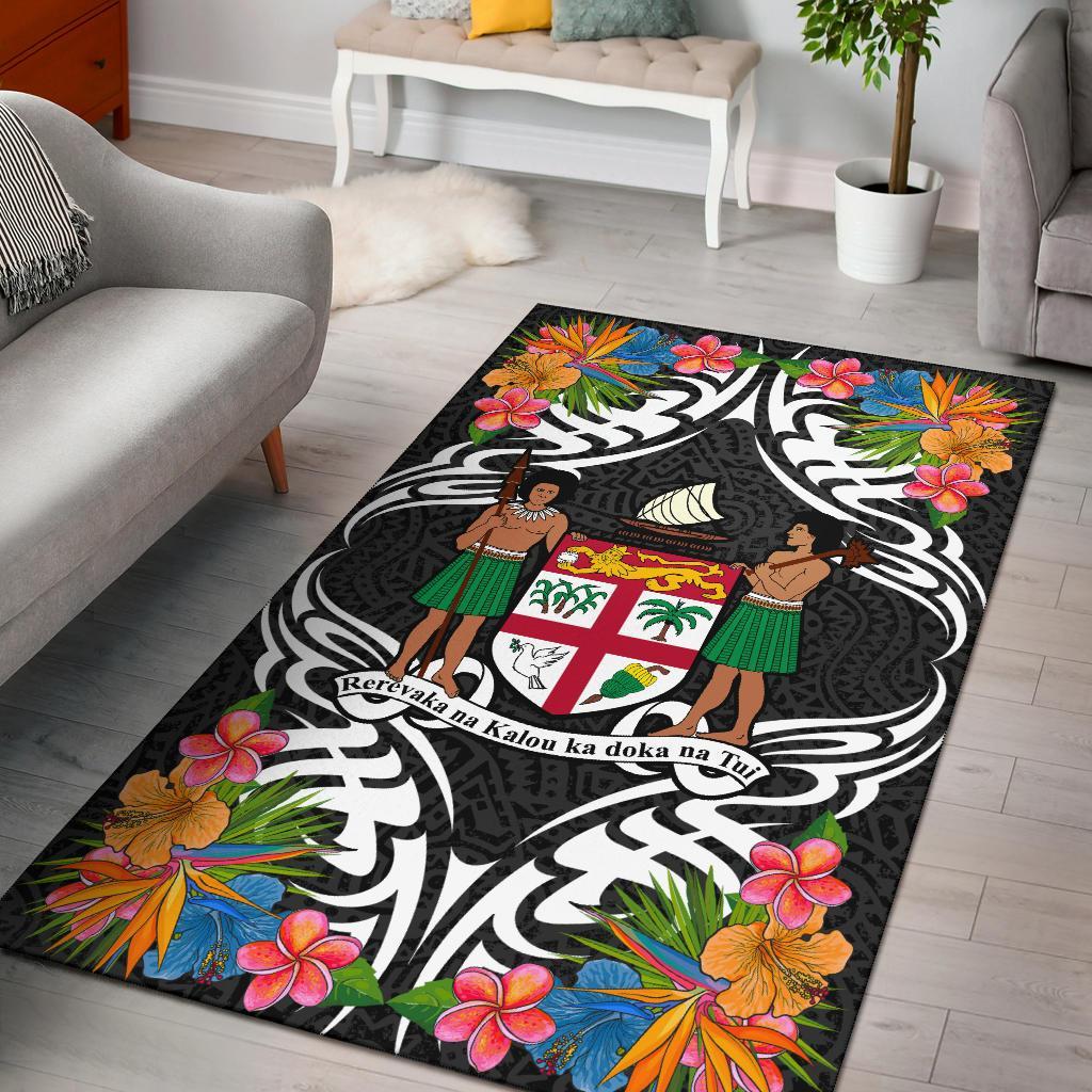 Fiji Area Rug - Coat OfArms With Tropical Flowers Black - Polynesian Pride