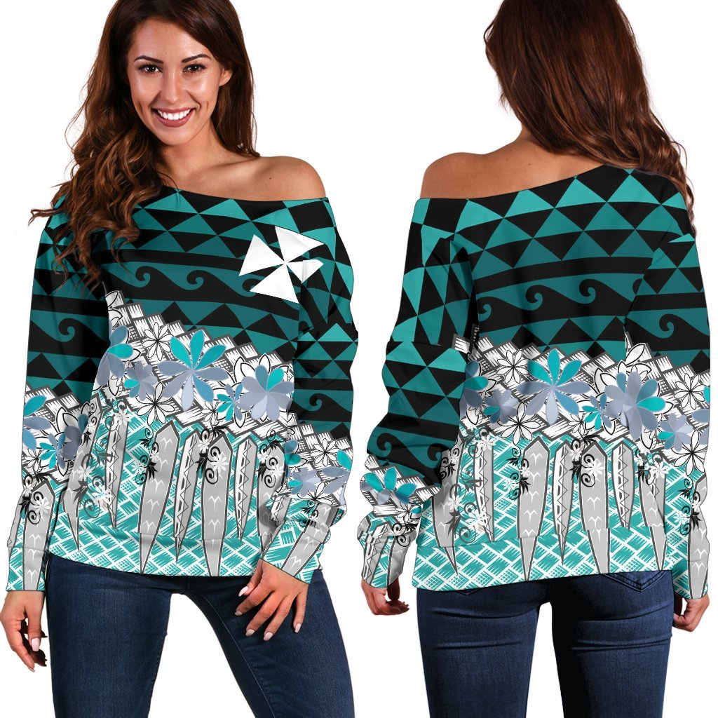 Wallis And Futuna Women's Off Shoulder Sweaters - Coconut Leaves Weave Pattern Blue Blue - Polynesian Pride