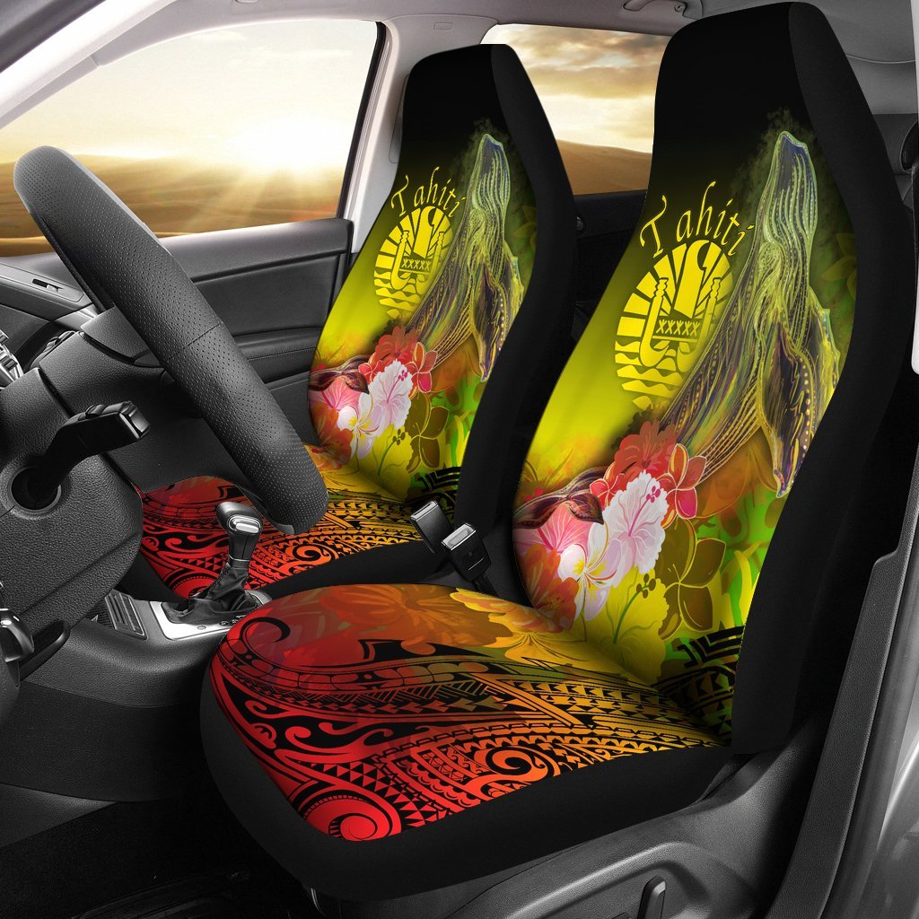 Tahiti Car Seat Covers - Humpback Whale with Tropical Flowers (Yellow) Universal Fit Yellow - Polynesian Pride