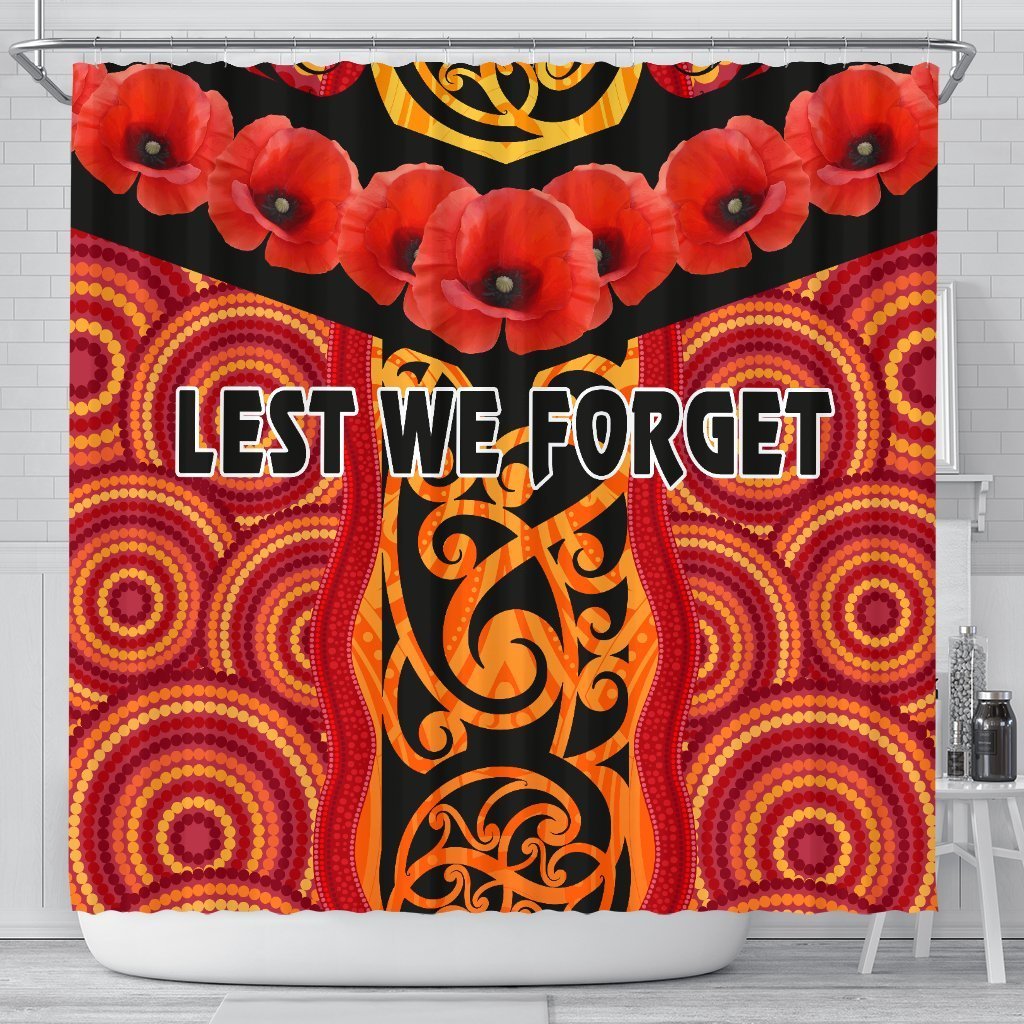 Anzac Lest We Forget Poppy Shower Curtain New Zealand Maori Silver Fern - Australia Aboriginal 177 x 172 (cm) Red - Polynesian Pride