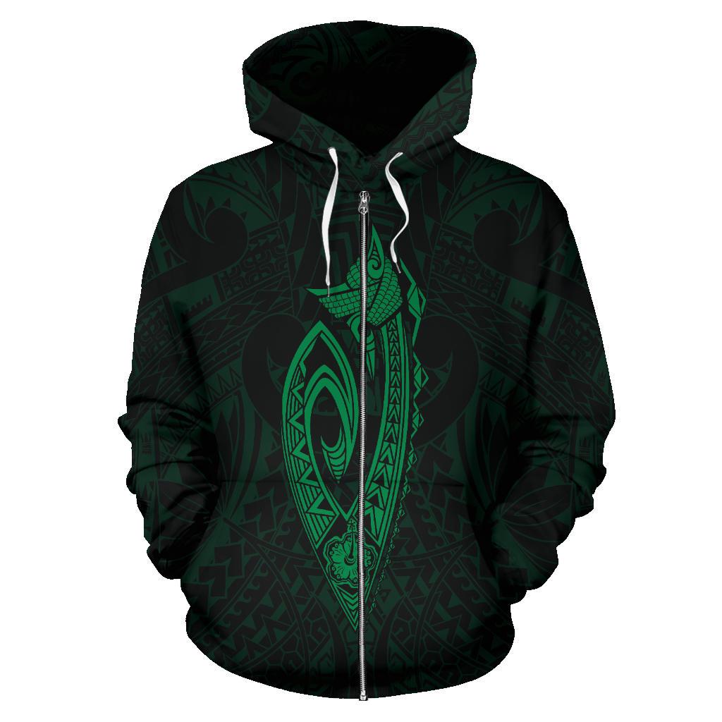 Polynesian Fish Hook Kanaka Map of Hawaii Zip Hoodie Green - Polynesian Pride