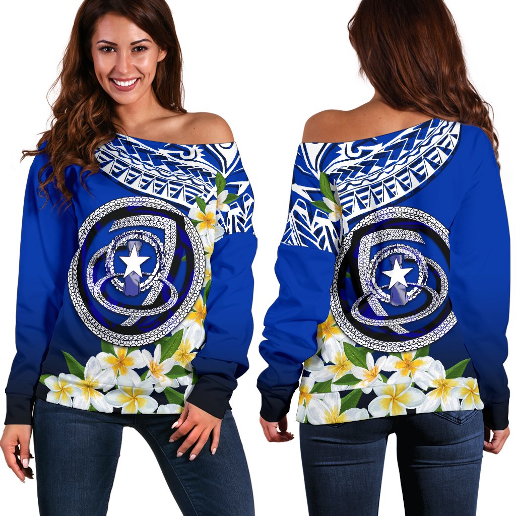 Northern Mariana Islands Women's Off Shoulder Sweater - Polynesian Plumeria Pattern Blue - Polynesian Pride