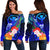 Polynesian Hawaii Custom Personalised Premium Women's Off Shoulder Sweater - Kanaka Maoli Humpback Whale with Tropical Flowers (Blue) Blue - Polynesian Pride