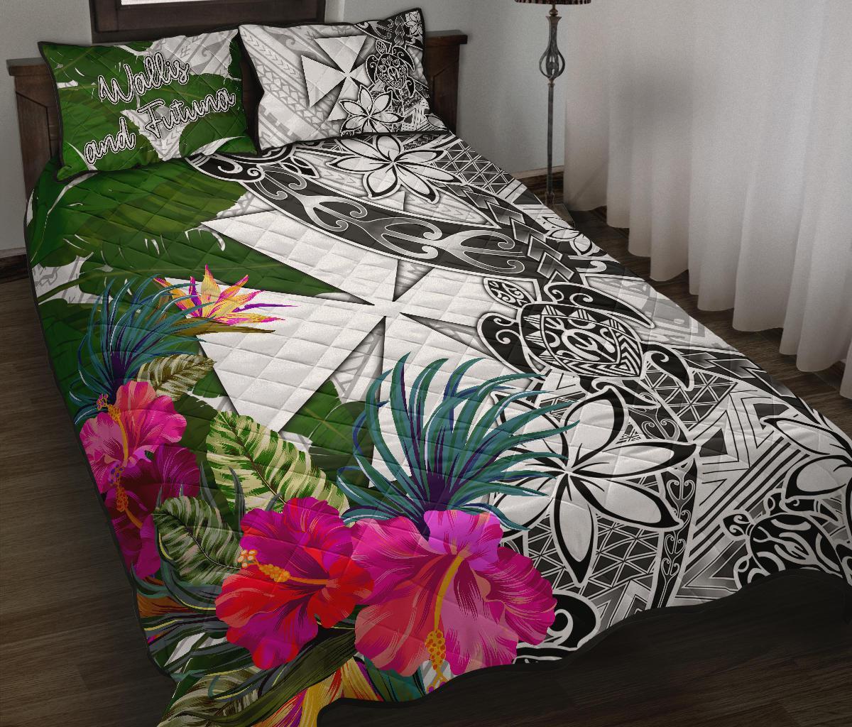 Wallis And Futuna Quilt Bed Set White - Turtle Plumeria Banana Leaf White - Polynesian Pride