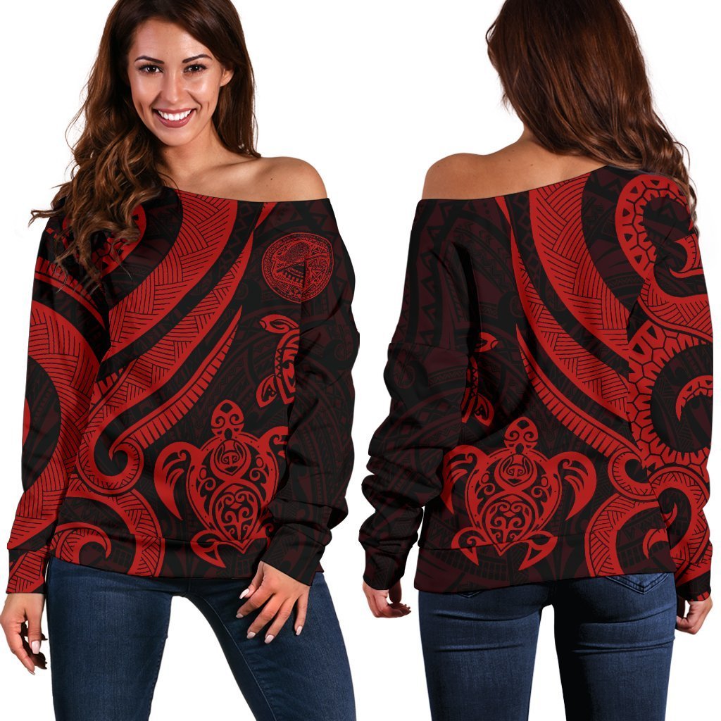 American Samoa Women's Off Shoulder Sweater - Red Tentacle Turtle Red - Polynesian Pride