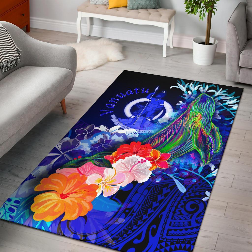 Vanuatu Area Rug - Humpback Whale with Tropical Flowers (Blue) Blue - Polynesian Pride