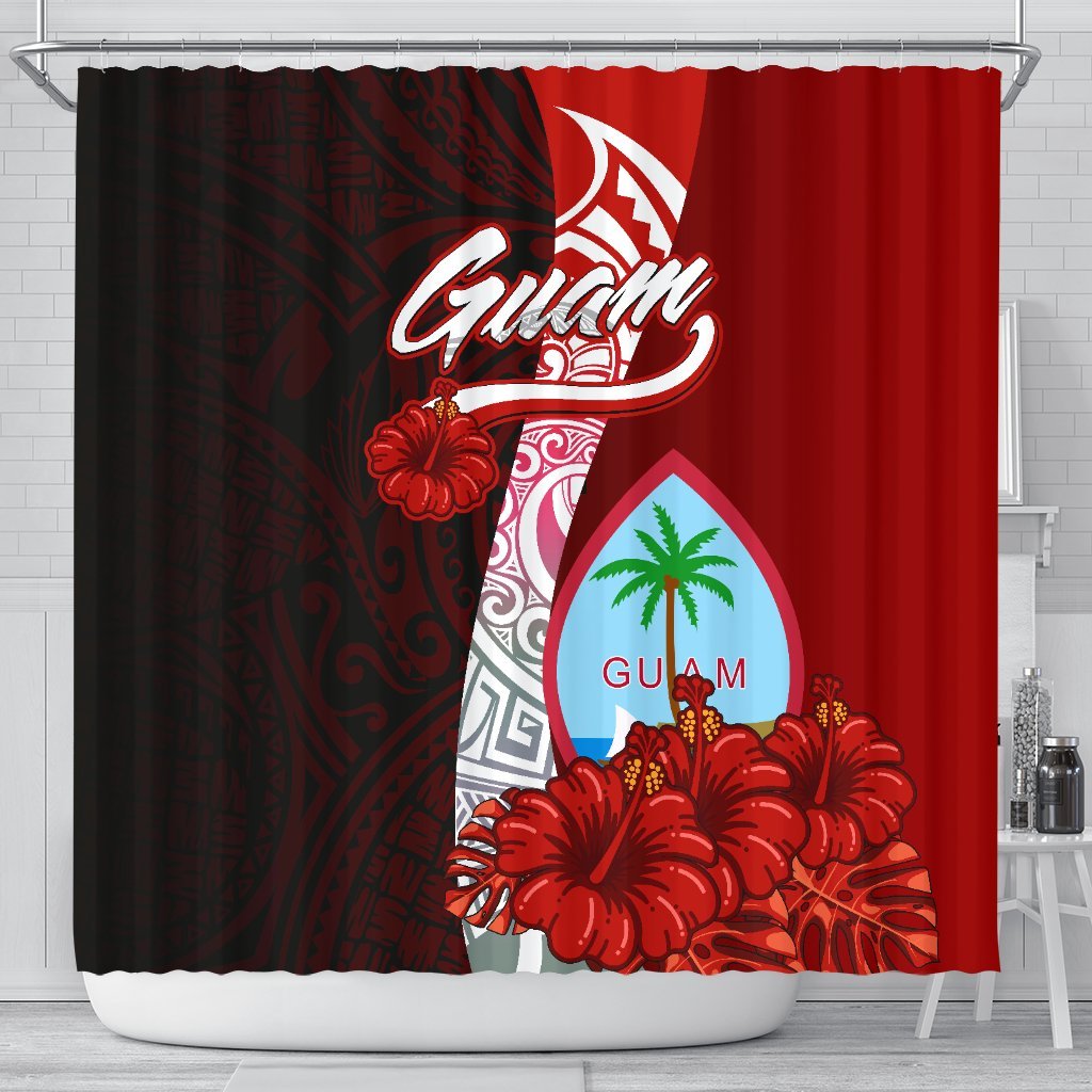 Guam Polynesian Shower Curtain - Coat Of Arm With Hibiscus 177 x 172 (cm) Red - Polynesian Pride