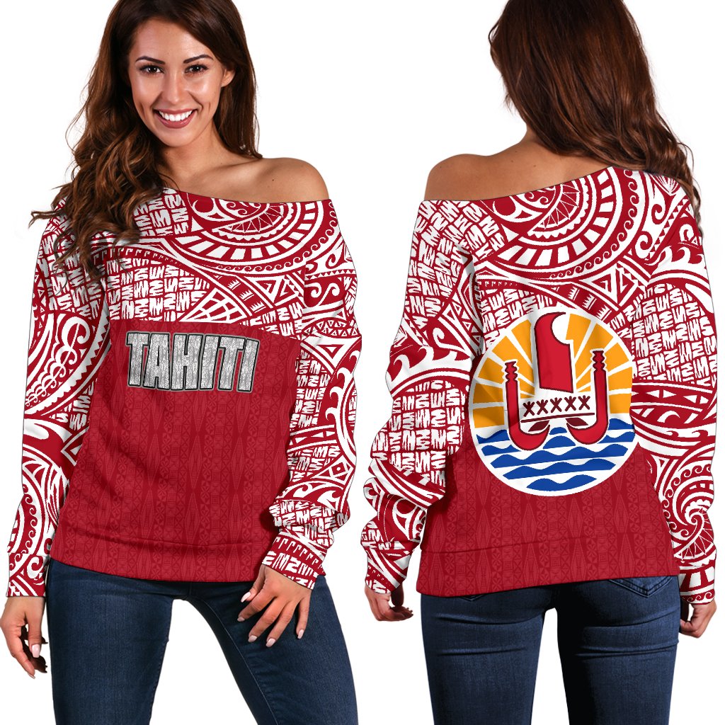 Tahiti Women's Off Shoulder Sweater - Polynesian Full Arms Version Red - Polynesian Pride