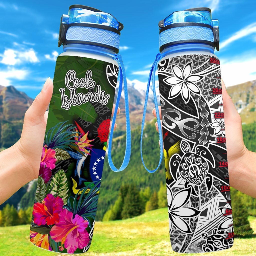 Cook Islands Hydro Tracking Bottle - Turtle Plumeria Banana Leaf Hydro Tracking Bottle 32oz Large Black - Polynesian Pride