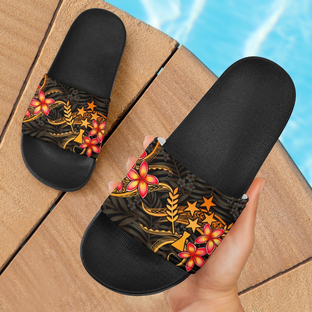 Kosrae Micronesian Slide Sandals - Gold Plumeria Black - Polynesian Pride