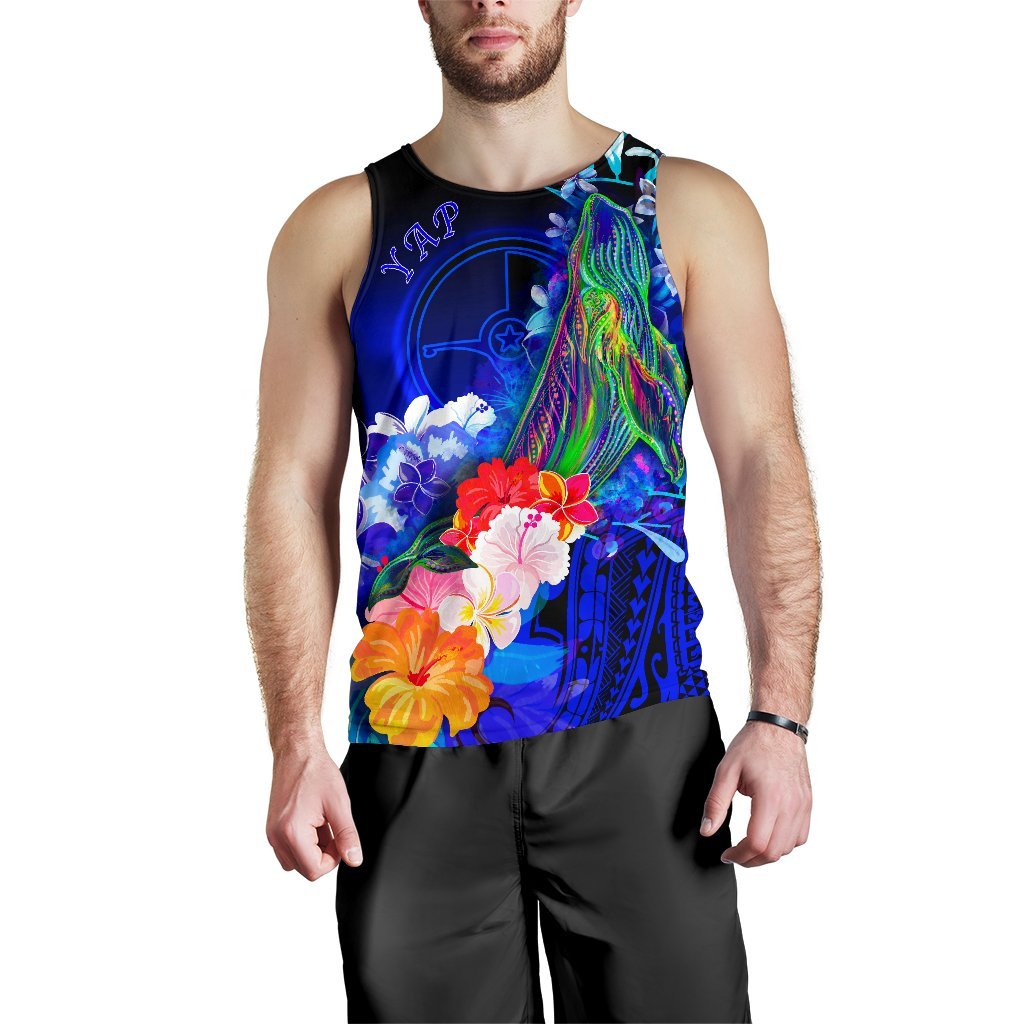 Yap Men's Tank Top - Humpback Whale with Tropical Flowers (Blue) - Polynesian Pride