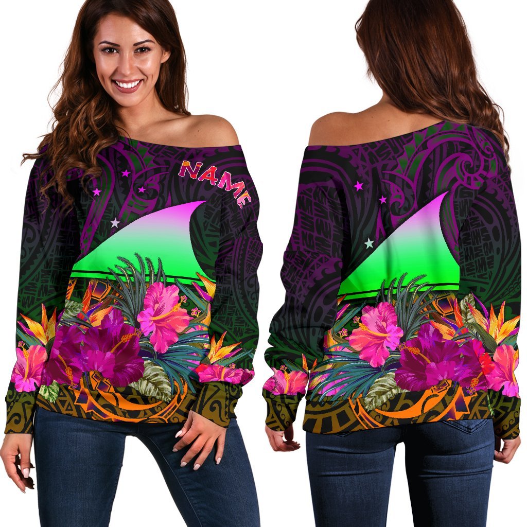 Tokelau Personalised Women's Off Shoulder Sweater - Summer Hibiscus Art - Polynesian Pride