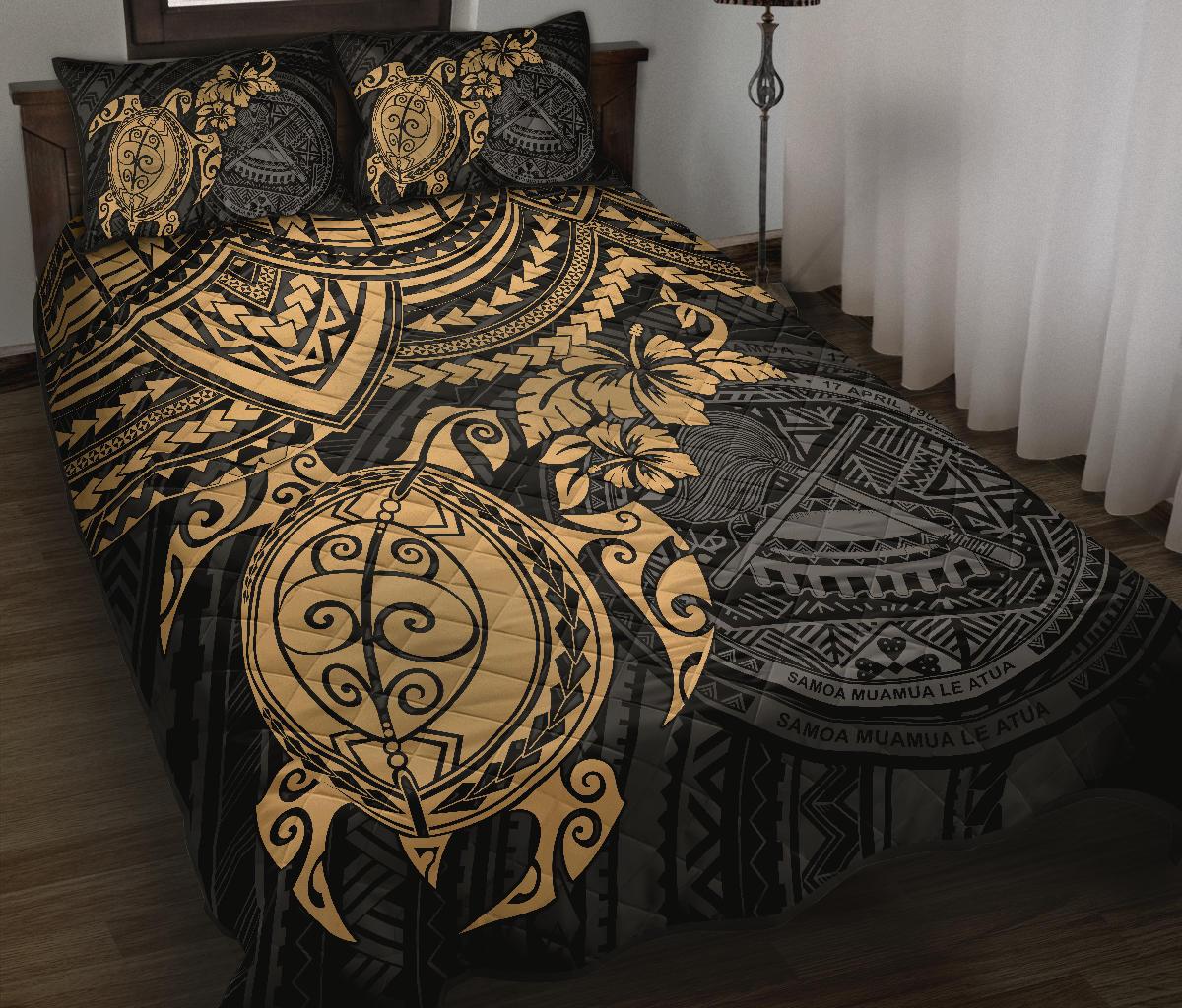 American Samoa Polynesian Quilt Bed Set - American Samoa Seal & Gold Turtle Hibiscus Gold - Polynesian Pride