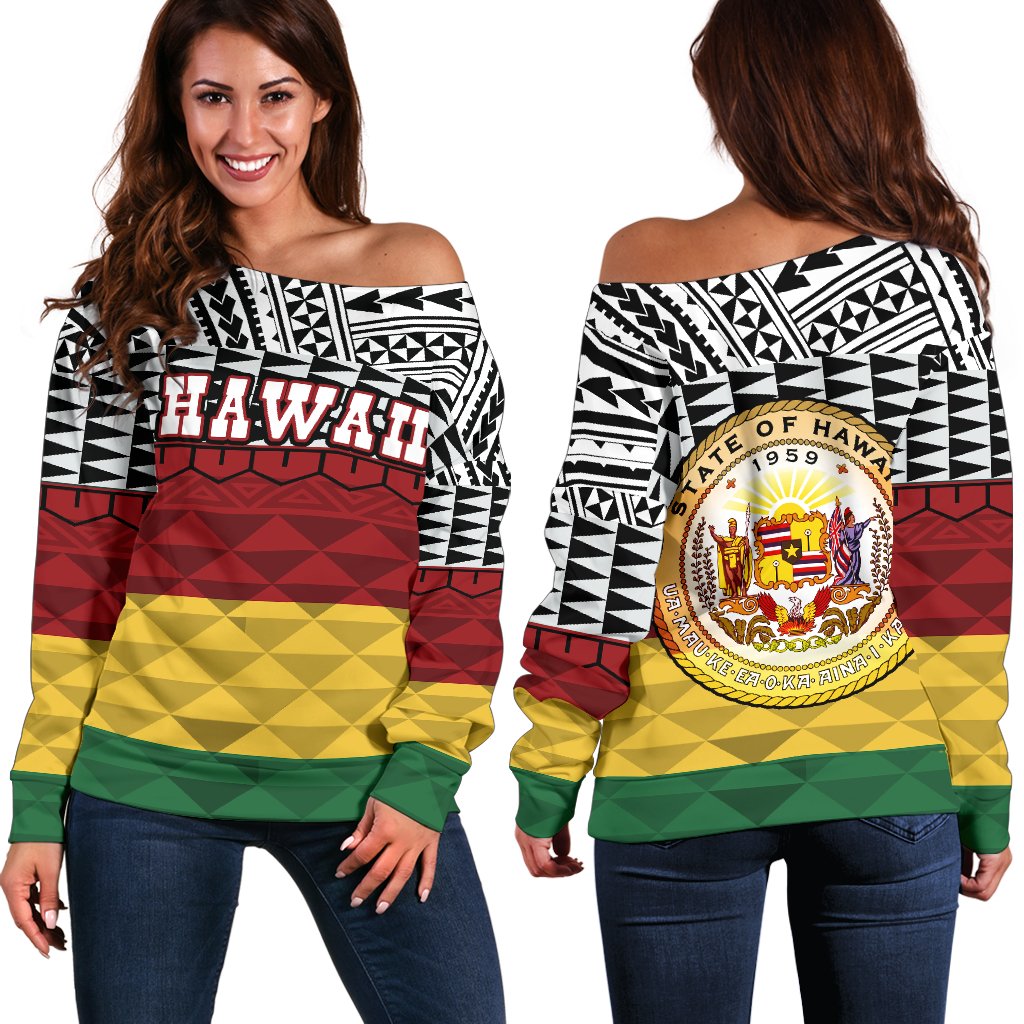 Hawaii Women's Off Shoulder Sweater - Polynesian Kanaka Maoli Version Black - Polynesian Pride