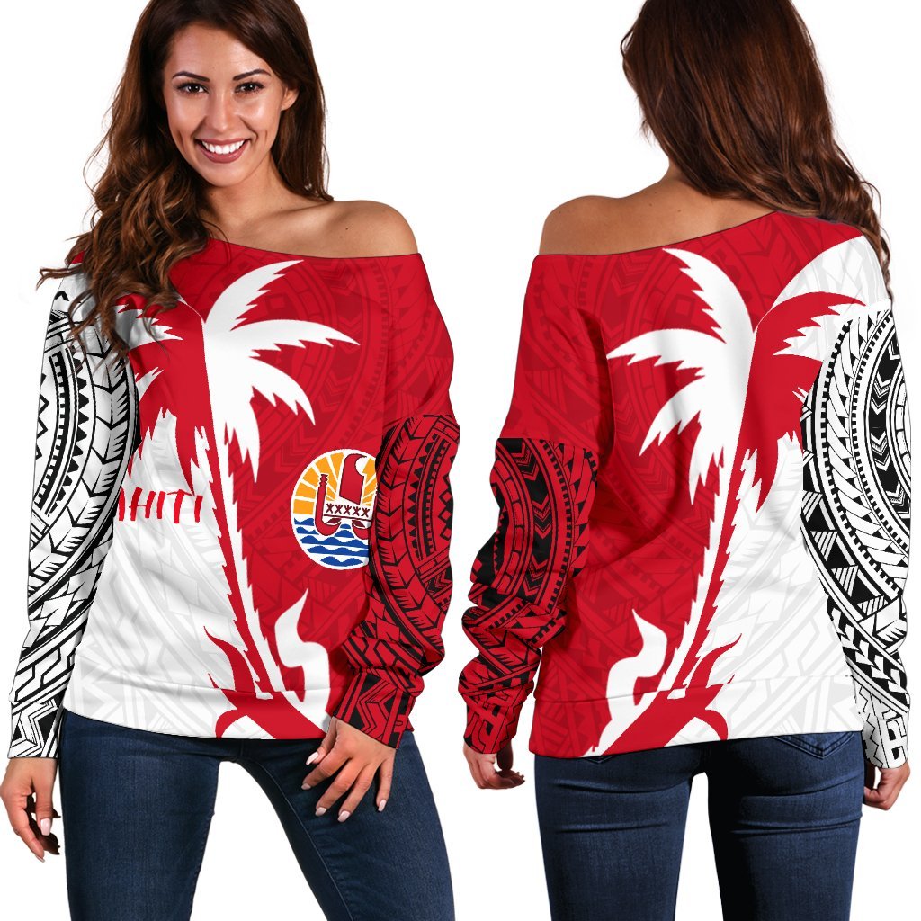 Tahiti Polynesian Coconut Tree Off Shoulder Sweater K4 Red - Polynesian Pride