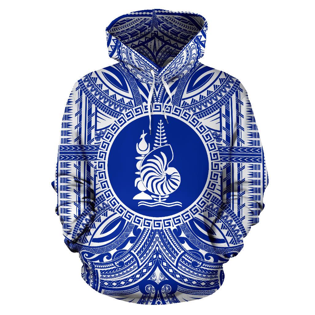 New Caledonia ll Over Hoodie New Caledonia Coat of rms Polynesian Flag Color Unisex Blue - Polynesian Pride