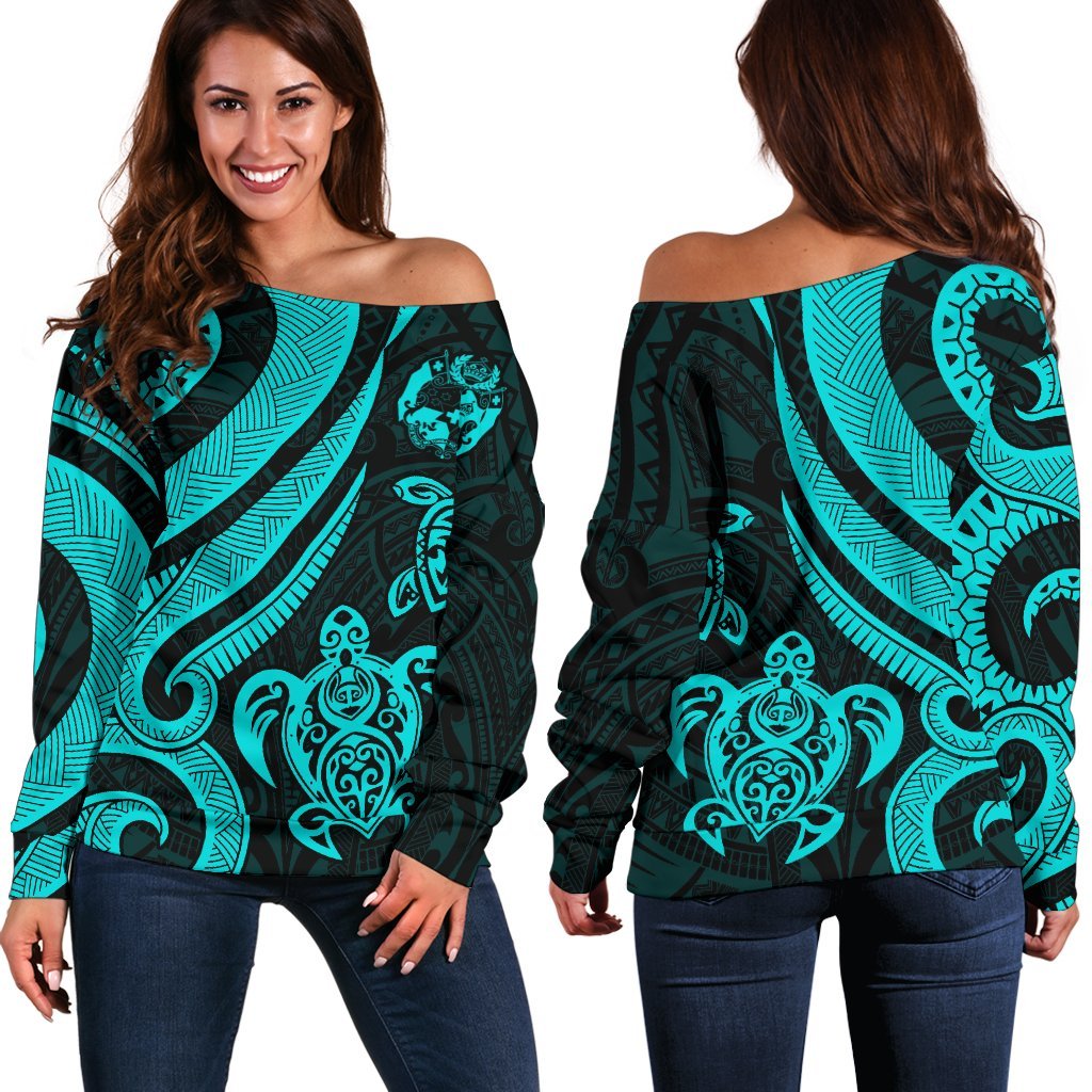 Tonga Women Off Shoulder Sweater - Turquoise Tentacle Turtle Turquoise - Polynesian Pride