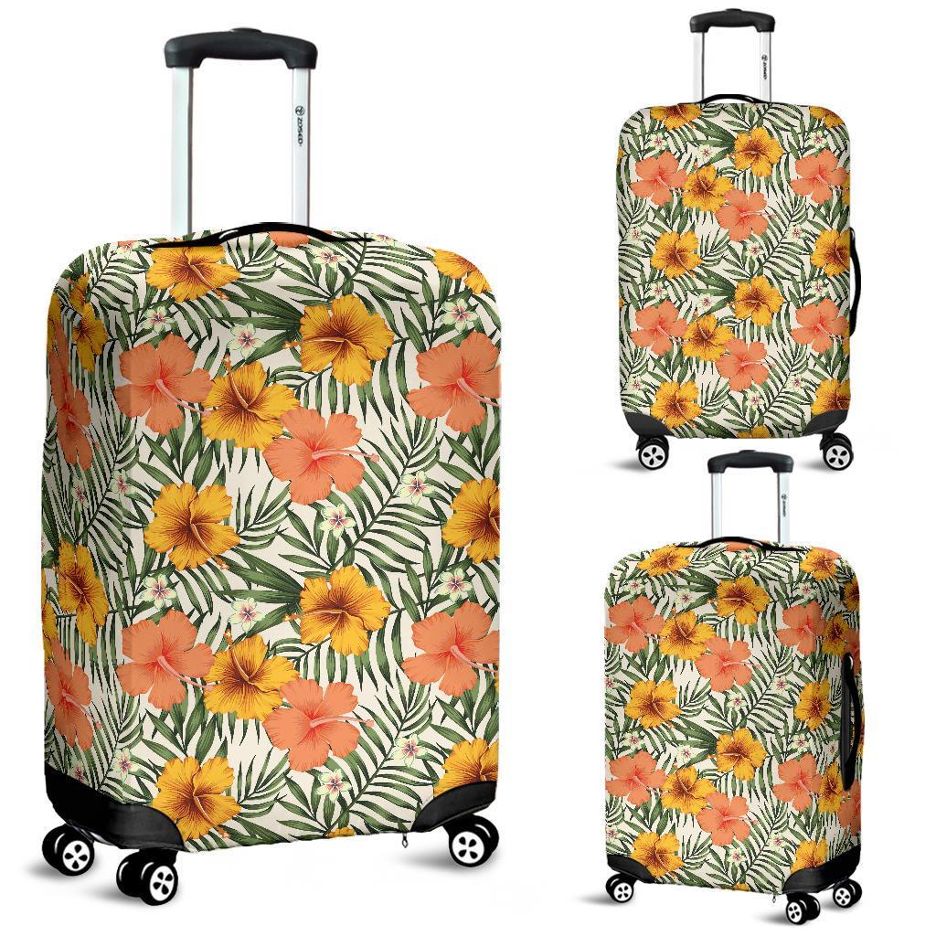 Tropical Flowers Hibiscus Pink Yellow Luggage Cover White - Polynesian Pride