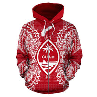 Guam Polynesian All Over Zip up Hoodie Map Red White - Polynesian Pride