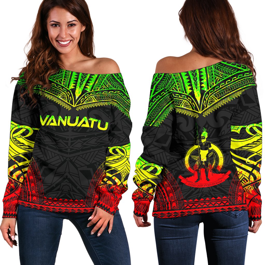 Vanuatu Polynesian Chief Women's Off Shoulder Sweater - Reggae Version Art - Polynesian Pride