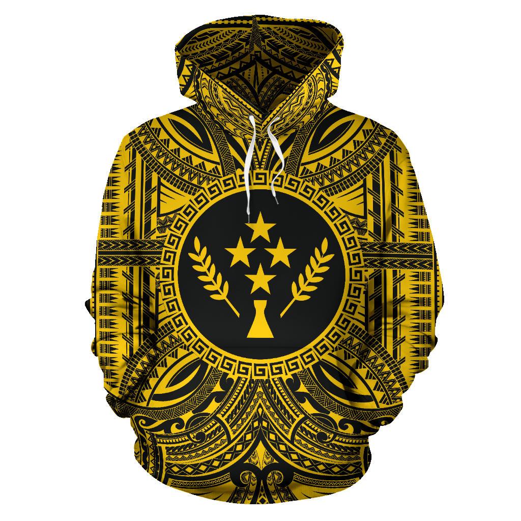 Kosrae ll Over Hoodie Kosrae Coat of rms Polynesian Gold Black Unisex Gold - Polynesian Pride