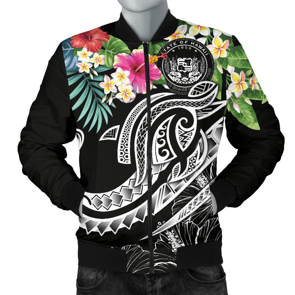 Polynesian Hawaii Men's Bomber Jacket - Summer Plumeria (Black) Black - Polynesian Pride