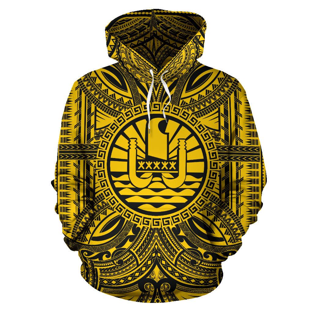 Tahiti ll Over Hoodie Tahiti Coat of rms Polynesian Gold Black Unisex Gold - Polynesian Pride