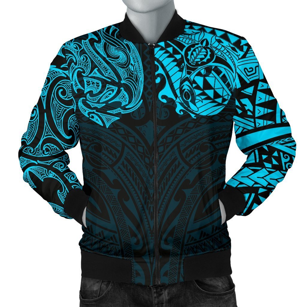 New Zealand Men's Bomber Jacket, Maori Polynesian Tattoo Blue Blue - Polynesian Pride