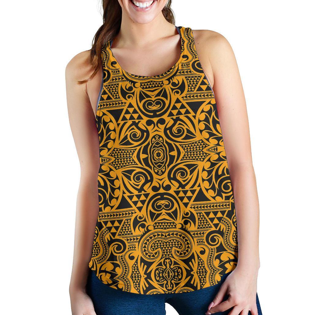 Polynesian Kakau Turtle Old Women's Racerback Tank Top Gold - Polynesian Pride