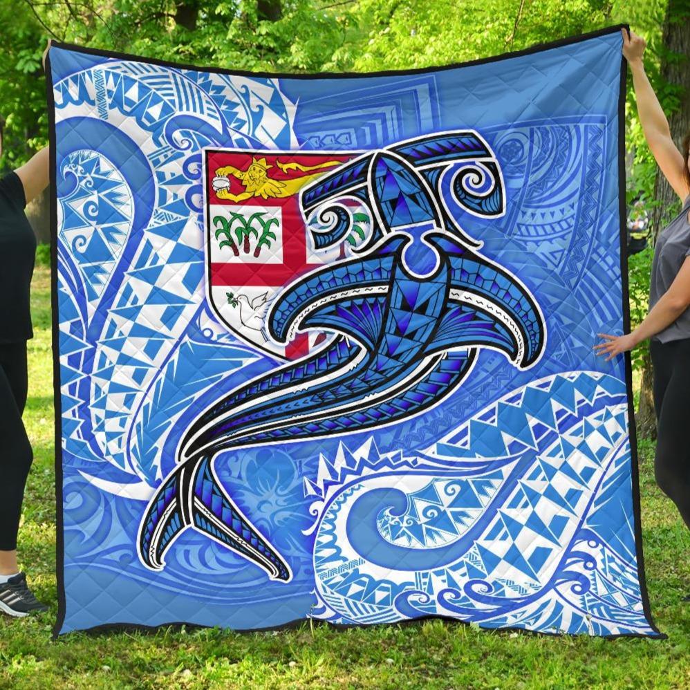 Fiji Premium Quilt - Blue Shark Polynesian Tattoo Blue - Polynesian Pride