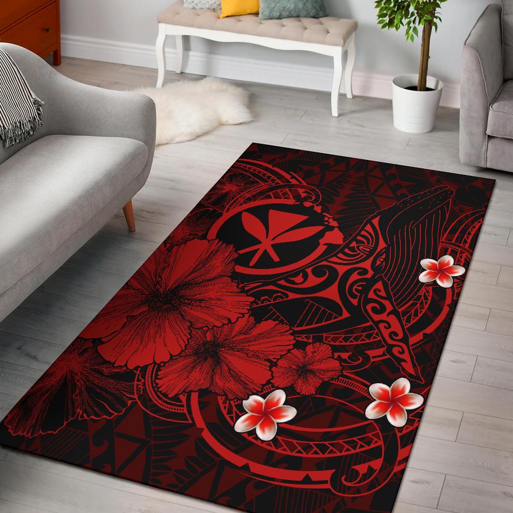 Polynesian Hawaii Kanaka Maoli Area Rug - Humpback Whale with Hibiscus (Red) Red - Polynesian Pride