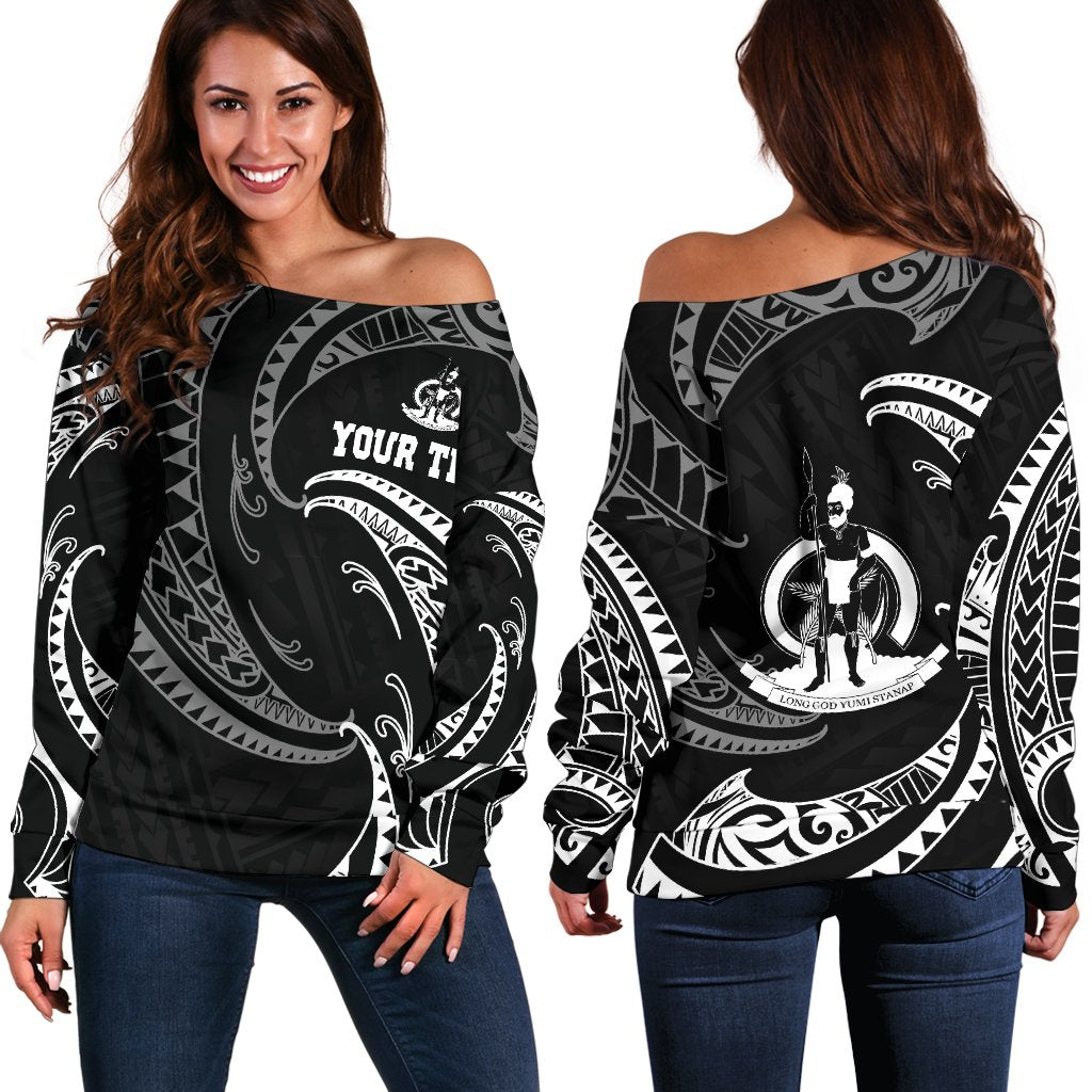 Vanuatu Polynesian Custom Personalised Women's Off Shoulder Sweater - White Tribal Wave Black - Polynesian Pride