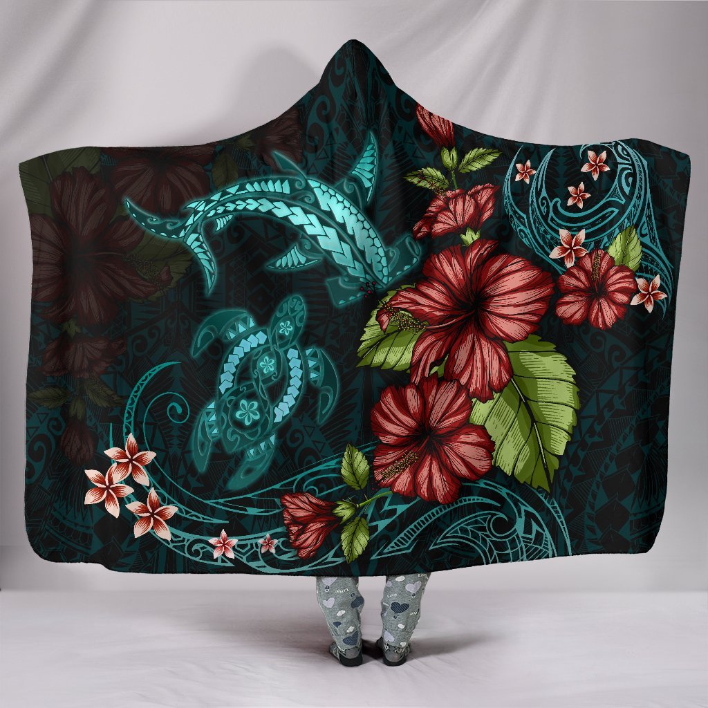 Polynesian Hooded Blanket Turtle And Shark - Hibiscus Turquoise Hooded Blanket White - Polynesian Pride