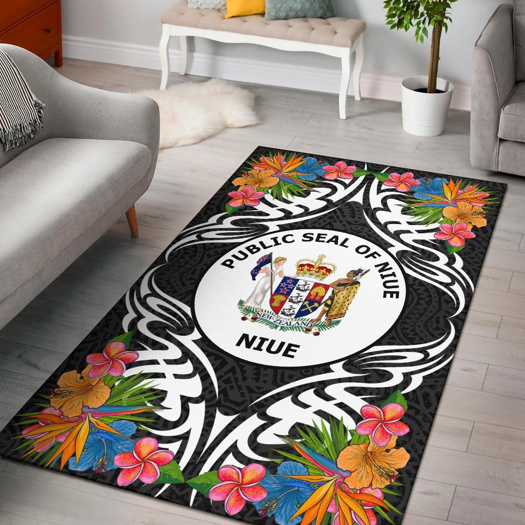 Niue Area Rug - Coat OfArmsWith Tropical Flowers Black - Polynesian Pride