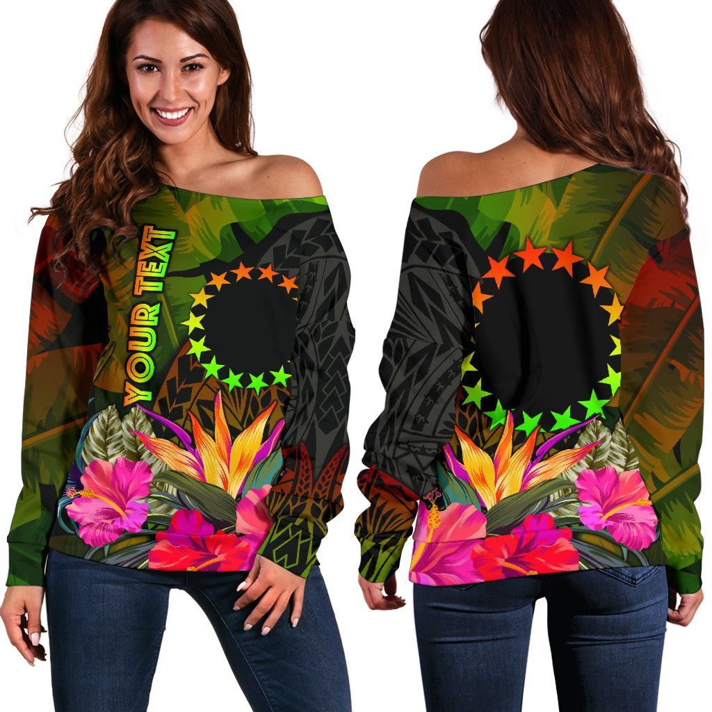 Cook Islands Polynesian Personalised Women's Off Shoulder Sweater - Hibiscus and Banana Leaves Art - Polynesian Pride