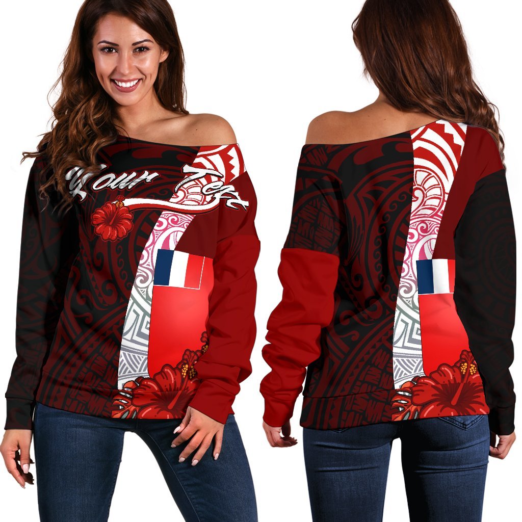 Wallis and Futuna Polynesian Custom Personalised Women's Off Shoulder Sweater - Coat Of Arm With Hibiscus Red - Polynesian Pride