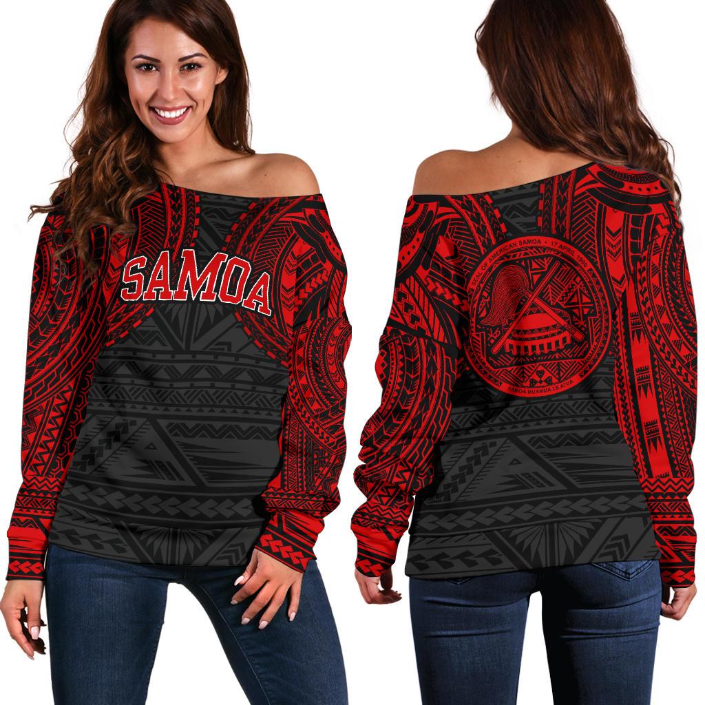 American Samoa Women's Off Shoulder Sweater - Red Tattoo Version Red - Polynesian Pride