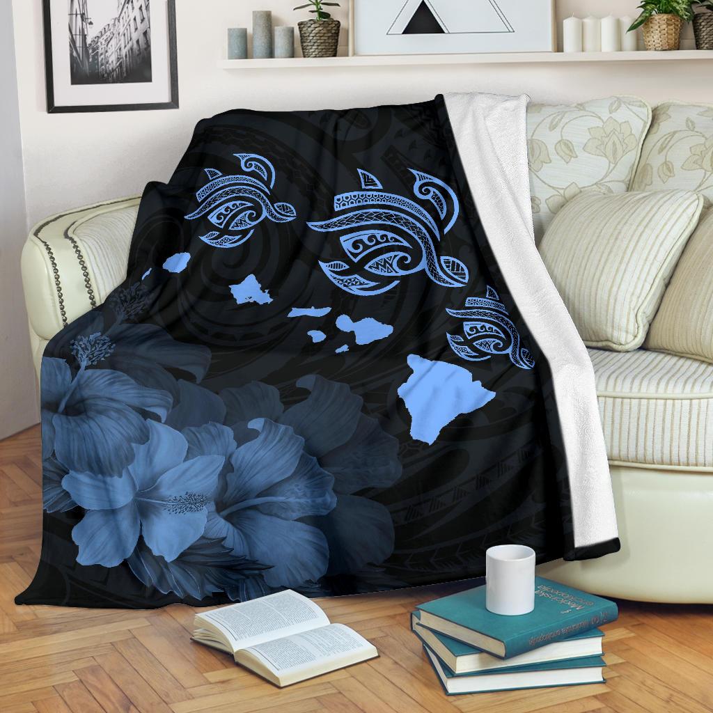 Hawaii Hibiscus Map Polynesian Ancient Blue Premium Blanket White - Polynesian Pride