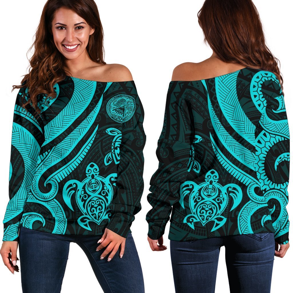 American Samoa Women's Off Shoulder Sweater - Turquoise Tentacle Turtle Turquoise - Polynesian Pride