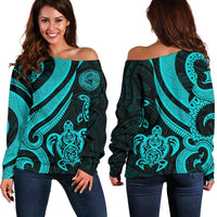 American Samoa Women's Off Shoulder Sweater - Turquoise Tentacle Turtle Turquoise - Polynesian Pride