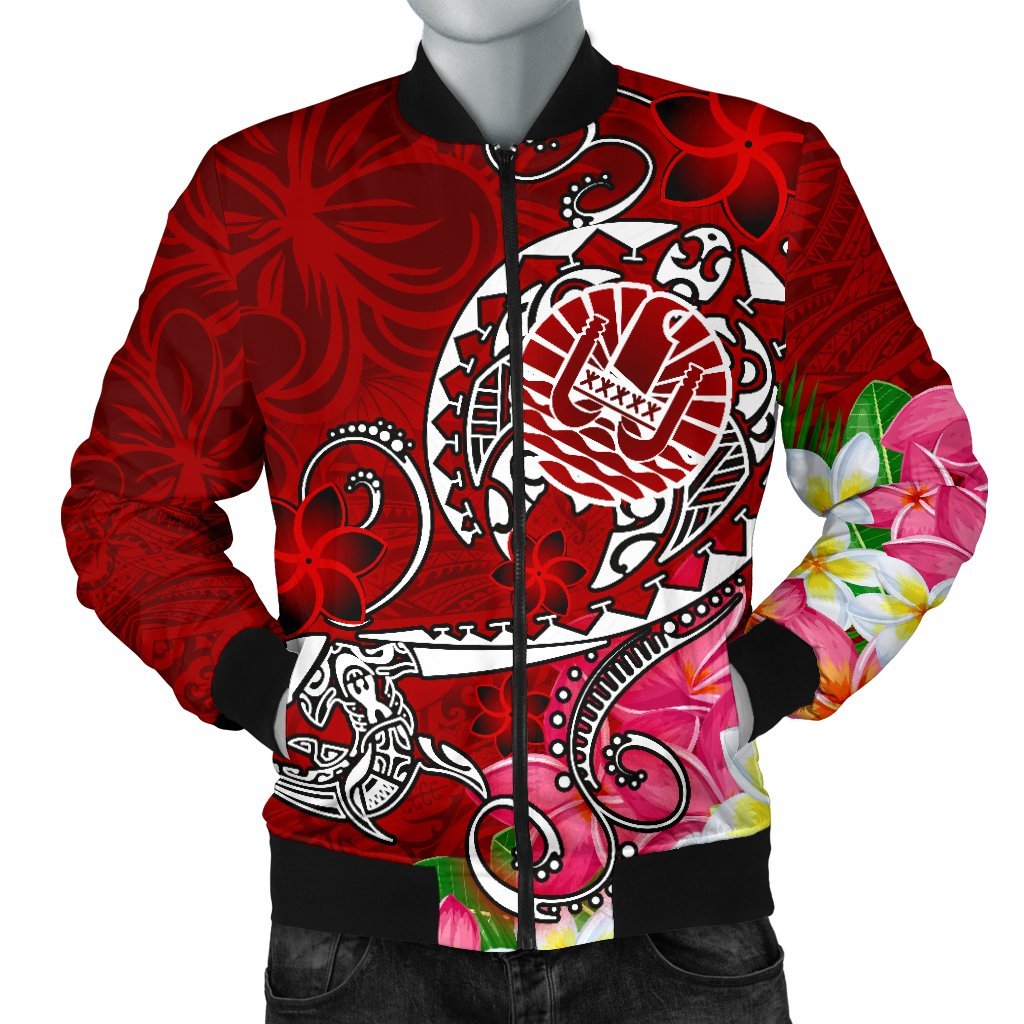 Tahiti Men's Bomber Jacket - Turtle Plumeria (Red) Red - Polynesian Pride